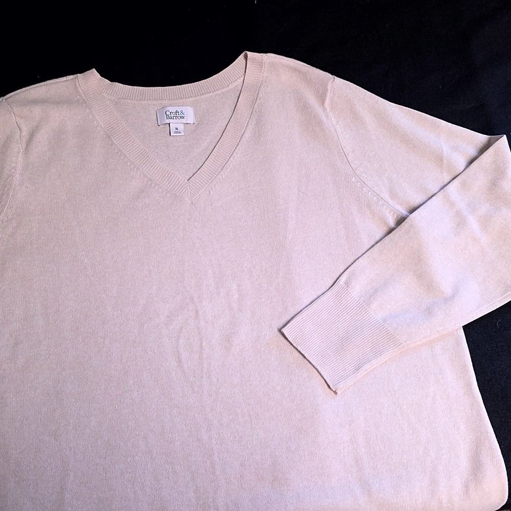 Croft & Barrow Sweater Womens XL Cream V-Neck Long Sleeve Ribbed Knit Top